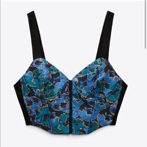 Zara Jacquard Bustier Blue & Black Printed Crop Top S